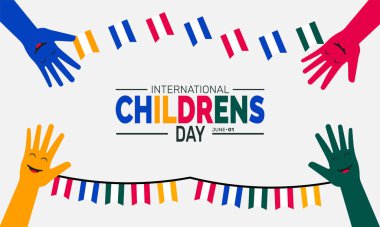 Uluslararası Çocuk Günü Tatil Tasarımı. Afişler, afişler, tebrik kartları ve sosyal medya için mükemmel. Neşeli ve profesyonel görünüm için renkli çizimler ve zarif tipografi içerir