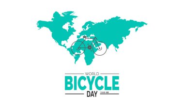 Dünya Bisiklet Günü Tatil Tasarımı. Afişler, afişler, tebrik kartları ve sosyal medya için mükemmel. Neşeli ve profesyonel görünüm için renkli çizimler ve zarif tipografi içerir