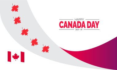 1 Temmuz 'da Kanada Günü' nüz kutlu olsun. Kanada 'nın bağımsızlık günü afişi Kanada bayraklı akçaağaç yaprağı desenli. Şablon, poster masajı, kart, profesyonel illüstrasyonlu pankart için kullan
