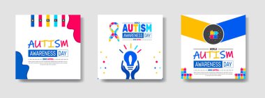 2 Nisan Dünya Otizm Farkındalık Günü sosyal medya afişi, Otizm Farkındalık Günü tanıtım paketi, Instagram ve Facebook için kare şablonu. Yapboz parçaları, farkındalık kurdelesi, aşk ile ağ pankartları