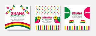 Gana Cumhuriyet Günü sosyal medya afişi, arka plan, reklam paketi, Instagram ve Facebook için kare şablonu. Gana bayrağı ve Gana bayrağı