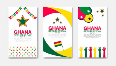Gana Cumhuriyet Günü Sosyal Medya Hikayeleri seti, Gana Cumhuriyeti Günü tanıtım paketi, kare şablonu. Balon parçalı ağ pankartları, Gana bayrağıyla Gana festivali afişi