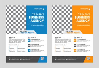 Mavi ve kırmızı renkli modern soyut iş broşürü tasarım şablonu. Minimalist yerleşimli yaratıcı modaya uygun A4 boyutlu el ilanı tasarımı. Şirket profesyonel pazarlama duyurusu broşürü