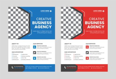Mavi ve kırmızı renkli modern soyut iş broşürü tasarım şablonu. Minimalist yerleşimli yaratıcı modaya uygun A4 boyutlu el ilanı tasarımı. Şirket profesyonel pazarlama duyurusu broşürü