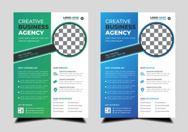 Mavi ve kırmızı renkli modern soyut iş broşürü tasarım şablonu. Minimalist yerleşimli yaratıcı modaya uygun A4 boyutlu el ilanı tasarımı. Şirket profesyonel pazarlama duyurusu broşürü