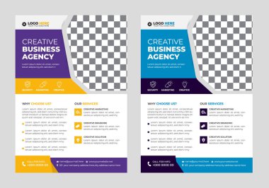 Mavi ve kırmızı renkli modern soyut iş broşürü tasarım şablonu. Minimalist yerleşimli yaratıcı modaya uygun A4 boyutlu el ilanı tasarımı. Şirket profesyonel pazarlama duyurusu broşürü