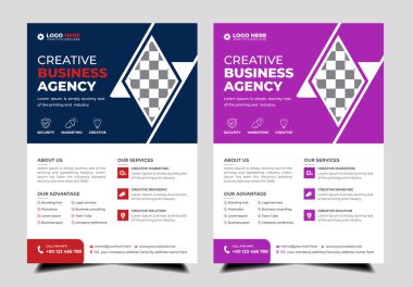 Mavi ve kırmızı renkli modern soyut iş broşürü tasarım şablonu. Minimalist yerleşimli yaratıcı modaya uygun A4 boyutlu el ilanı tasarımı. Şirket profesyonel pazarlama duyurusu broşürü