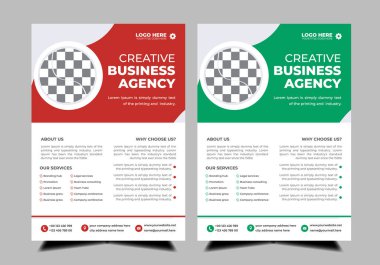 Mavi ve kırmızı renkli modern soyut iş broşürü tasarım şablonu. Minimalist yerleşimli yaratıcı modaya uygun A4 boyutlu el ilanı tasarımı. Şirket profesyonel pazarlama duyurusu broşürü