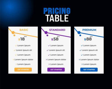 Modern fiyatlandırma planları elementlerin vektörünü belirler. Web sitesi veya uygulama için izole fiyatlandırma veya abonelik planı. Fiyat tablosu web sayfasını karşılaştır. Ücretsiz, temel, standart, iş. vektör illüstrasyonu