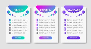 Modern fiyatlandırma planları elementlerin vektörünü belirler. Web sitesi veya uygulama için izole fiyatlandırma veya abonelik planı. Fiyat tablosu web sayfasını karşılaştır. Ücretsiz, temel, standart, iş. vektör illüstrasyonu