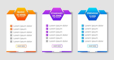 Modern fiyatlandırma planları elementlerin vektörünü belirler. Web sitesi veya uygulama için izole fiyatlandırma veya abonelik planı. Fiyat tablosu web sayfasını karşılaştır. Ücretsiz, temel, standart, iş. vektör illüstrasyonu