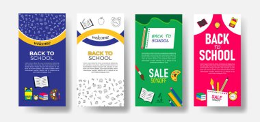 Kırtasiye malzemeleri, kitaplar, sırt çantaları, hesap makineleri, alarm saatleri ve yaratıcı tipografi içeren renkli vektör tasarımlarıyla okul satış pankartı koleksiyonuna geri dönüyoruz.