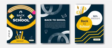 İçinde kırtasiye malzemeleri, kitap kapağı, sırt çantaları, hesap makineleri, alarm saatleri ve öğretmenler günü posterleri ve okul malzemeleri olan okul pankartı koleksiyonu.