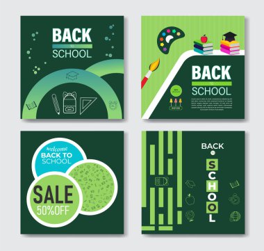 Çocuklar okula, üniversiteye, eğitime, sosyal medya paylaşımına. Geometrik şekilli, yaratıcı tasarım unsurları ve modern tipografi ile modayla çizilmiş kare pankartlar. Şablonlar