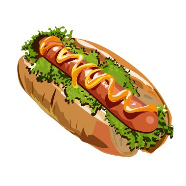 Hardalla kaplı lezzetli bir sosislinin yüksek kalite vektör çizimi. Yemek tasarımları, restoran menüleri, reklamlar ve daha fazlası için. Temiz, detaylı tasarım. 
