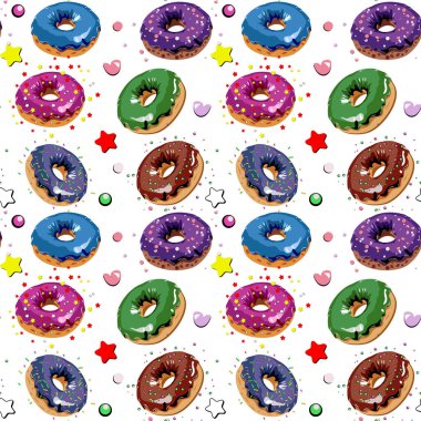 Vector pattern of colourful doughnuts with sprinkles and frosting, ideal for sweet-themed projects, packaging, and bakery designs clipart