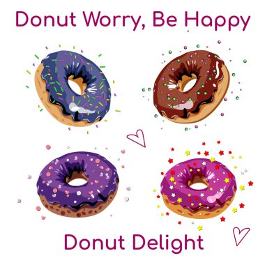 Renkli donutların renkli bir vektör çizimi, şekerli ve şekerli. Fırın temalı projeler ya da eğlenceli, tatlı tasarımlar için mükemmel.