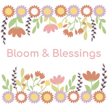 A beautiful vector illustration of a flower frame featuring vibrant blossoms and delicate petals, perfect for greeting cards, invitations, and seasonal decorations in pastel colours.  clipart