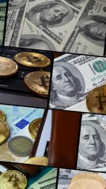 Şifreli para birimi BTC bitcoin paralarının çoklu ekran kolajı. Video duvarında para dijital olarak gösteriliyor. Dijital ödeme sistemi ve e-ticaret ya da borsa teması. Ekran kurgusunu böl