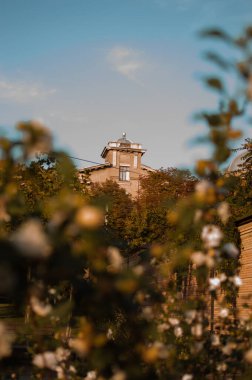 Tahta çatılı güzel beyaz bir evin dikey görüntüsü.