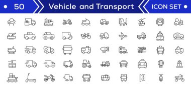 Araç ve taşıma hattı simgesi ayarlandı. İçinde araba, bisiklet, uçak, tren, bisiklet, motosiklet, otobüs ve scooter ikonları var. Ulaşım Basit satır simgesi koleksiyonları