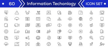 Bilgi Teknolojisi Asgari çizgi simgeleri paketi. Uygulamalar ve web sitesi için programlama, Ağ, Web Sitesi, Süreç, İnternet, Veri, Teknoloji simgesi