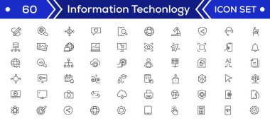 Bilgi Teknolojisi Asgari çizgi simgeleri paketi. Uygulamalar ve web sitesi için programlama, Ağ, Web Sitesi, Süreç, İnternet, Veri, Teknoloji simgesi