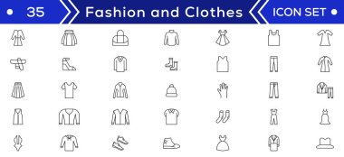 Moda Minimum Çizgi Simgeleri Koleksiyonu. Ceket, Kışlık Ceket, Kazak, Elbise, Kapüşon, Kot, Uygulamalar ve web sitesi için Şapka simgesi