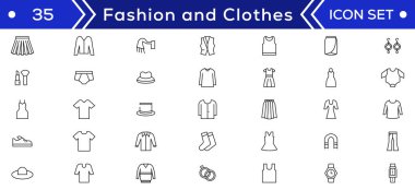 Moda Minimum Çizgi Simgeleri Koleksiyonu. Ceket, Kışlık Ceket, Kazak, Elbise, Kapüşon, Kot, Uygulamalar ve web sitesi için Şapka simgesi