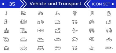 Araç ve taşıma hattı simgesi ayarlandı. İçinde araba, bisiklet, uçak, tren, bisiklet, motosiklet, otobüs ve scooter ikonları var. Ulaşım Basit satır simgesi koleksiyonları