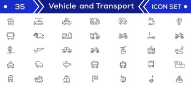 Araç ve taşıma hattı simgesi ayarlandı. İçinde araba, bisiklet, uçak, tren, bisiklet, motosiklet, otobüs ve scooter ikonları var. Ulaşım Basit satır simgesi koleksiyonları