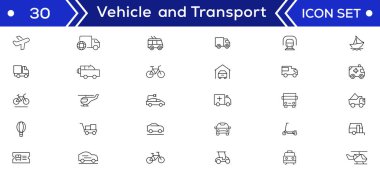 Araç ve taşıma hattı simgesi ayarlandı. İçinde araba, bisiklet, uçak, tren, bisiklet, motosiklet, otobüs ve scooter ikonları var. Ulaşım Basit satır simgesi koleksiyonları