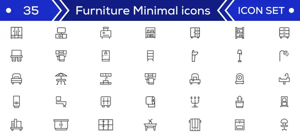 Mobilya minimumu çizgi simgeleri paketi. Uygulamalar ve web sitesi için kanepe, sandalye, masa, yatak, lamba, gardırop, ayna, masa simgesi