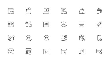 E-ticaret, online alışveriş ve teslim öğeleri - en az satır web Icon set ince. Anahat simgeleri koleksiyonu. Basit vektör çizim.