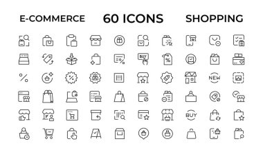 E-ticaret, online alışveriş ve teslim öğeleri - en az satır web Icon set ince. Anahat simgeleri koleksiyonu. Basit vektör çizim.