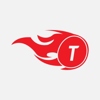 Modern T harfi tasarım şablonu. Yanan alev tasarımı vektör çizimi.