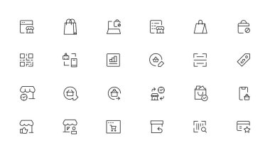 E-ticaret, online alışveriş ve teslim öğeleri - en az satır web Icon set ince. Anahat simgeleri koleksiyonu. Basit vektör çizim.