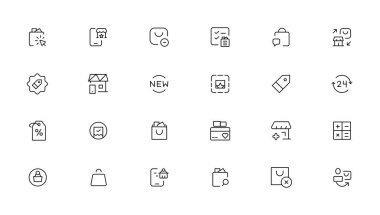 E-ticaret, online alışveriş ve teslim öğeleri - en az satır web Icon set ince. Anahat simgeleri koleksiyonu. Basit vektör çizim.