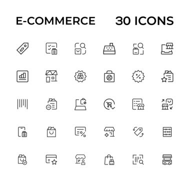 E-ticaret, online alışveriş ve teslim öğeleri - en az satır web Icon set ince. Anahat simgeleri koleksiyonu. Basit vektör çizim.