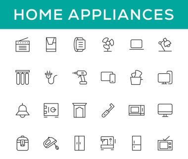 Ev aletleri ve ev eşyaları basit satır simgesi seti. Düzenlenebilir felç. Web sitesi simgeleri. ev sembolleri, mobilyalar, mutfak gereçleri, ev aletleri ve elektronik simgeler
