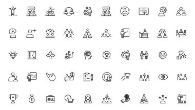 İnsanlar ve takım çalışması simgeleri koleksiyonu. Düz dizaynlı büyük bir simge. İnce taslak simgeleri paketle