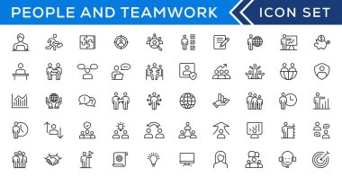 İnsanlar ve takım çalışması simgeleri koleksiyonu. Düz dizaynlı büyük bir simge. İnce taslak simgeleri paketle