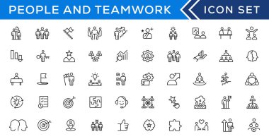 İnsanlar ve takım çalışması simgeleri koleksiyonu. Düz dizaynlı büyük bir simge. İnce taslak simgeleri paketle