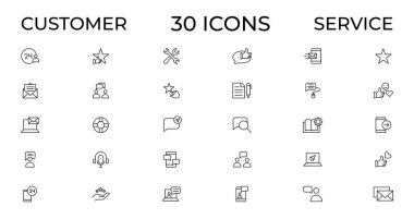 Müşteri hizmetleri ikonu seti. Müşteri memnuniyeti, yardım, deneyim, geri bildirim, operatör ve teknik destek simgeleri içerir. İnce taslak simgeleri paketle.