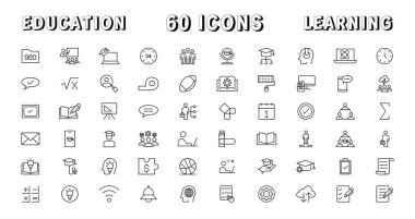Eğitim ve öğrenme çizgisi simgeleri ayarlandı. Eğitim, okul, kurgulanabilir vuruş simgeleri. Vektör illüstrasyonu