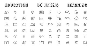 Eğitim ve öğrenme çizgisi simgeleri ayarlandı. Eğitim, okul, kurgulanabilir vuruş simgeleri. Vektör illüstrasyonu