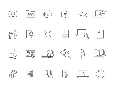 Eğitim ve öğrenme basit ince çizgi simgeleri ayarlandı. Eğitim, Okul, Öğrenim, Kitap, Düzenlenebilir vuruş simgelerini incele