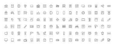 Ev aletleri ve ev eşyaları basit satır simgesi seti. Düzenlenebilir felç. Web sitesi simgeleri. ev sembolleri, mobilyalar, mutfak gereçleri, ev aletleri ve elektronik simgeler