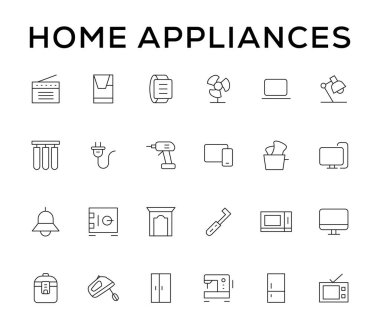 Ev aletleri ve ev eşyaları basit satır simgesi seti. Düzenlenebilir felç. Web sitesi simgeleri. ev sembolleri, mobilyalar, mutfak gereçleri, ev aletleri ve elektronik simgeler