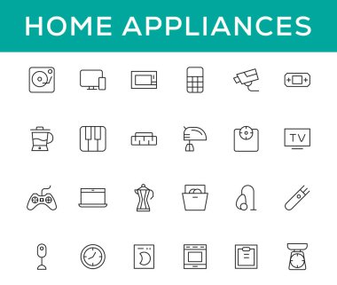 Ev aletleri ve ev eşyaları basit satır simgesi seti. Düzenlenebilir felç. Web sitesi simgeleri. ev sembolleri, mobilyalar, mutfak gereçleri, ev aletleri ve elektronik simgeler